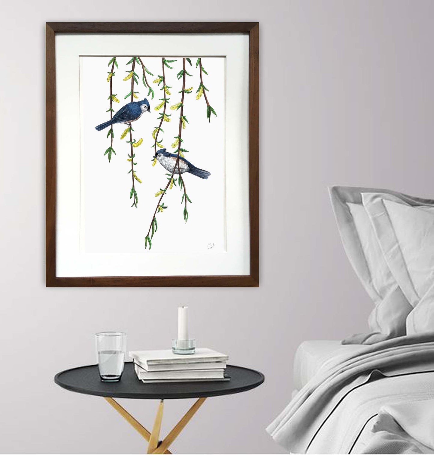 Grande illustration originale - Les mésanges bicolores et le saule pleureur