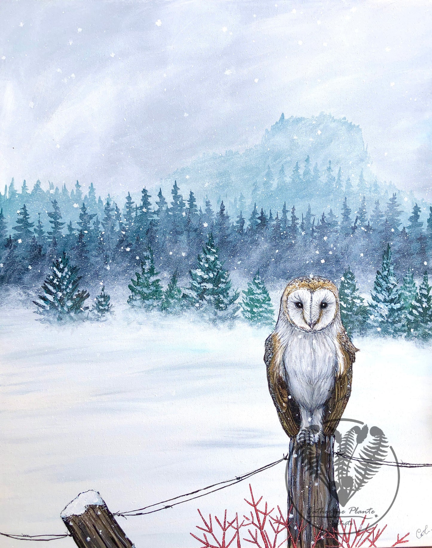 Peinture originale - Chouette effraie sous la neige
