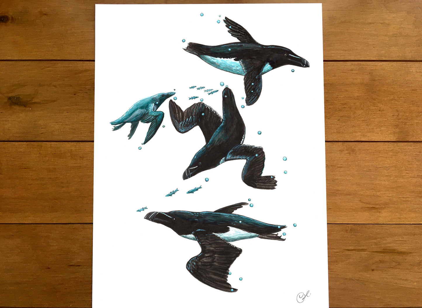 Grande illustration originale - Les Petits Pingouins sous-marins