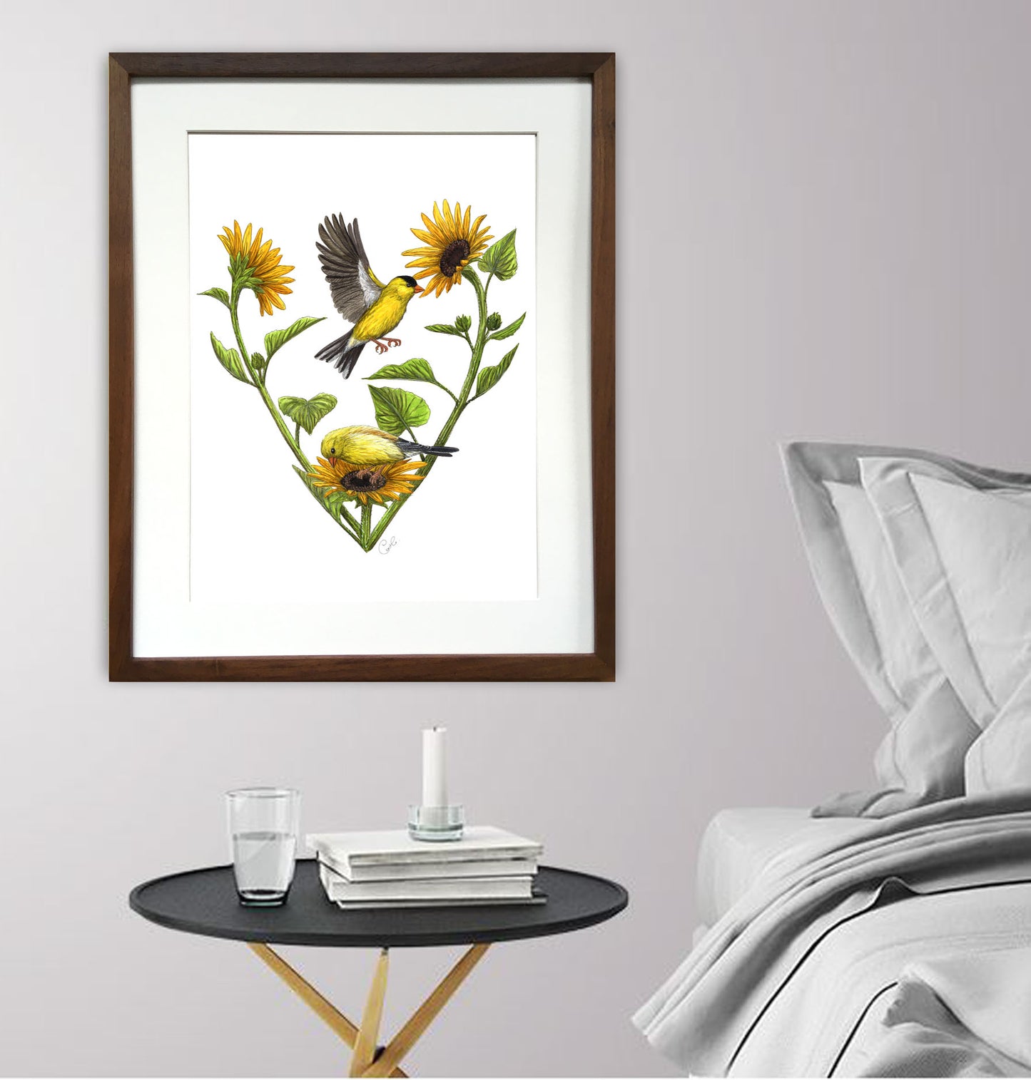 Grande illustration originale - Chardonnerets au coeur de tournesols
