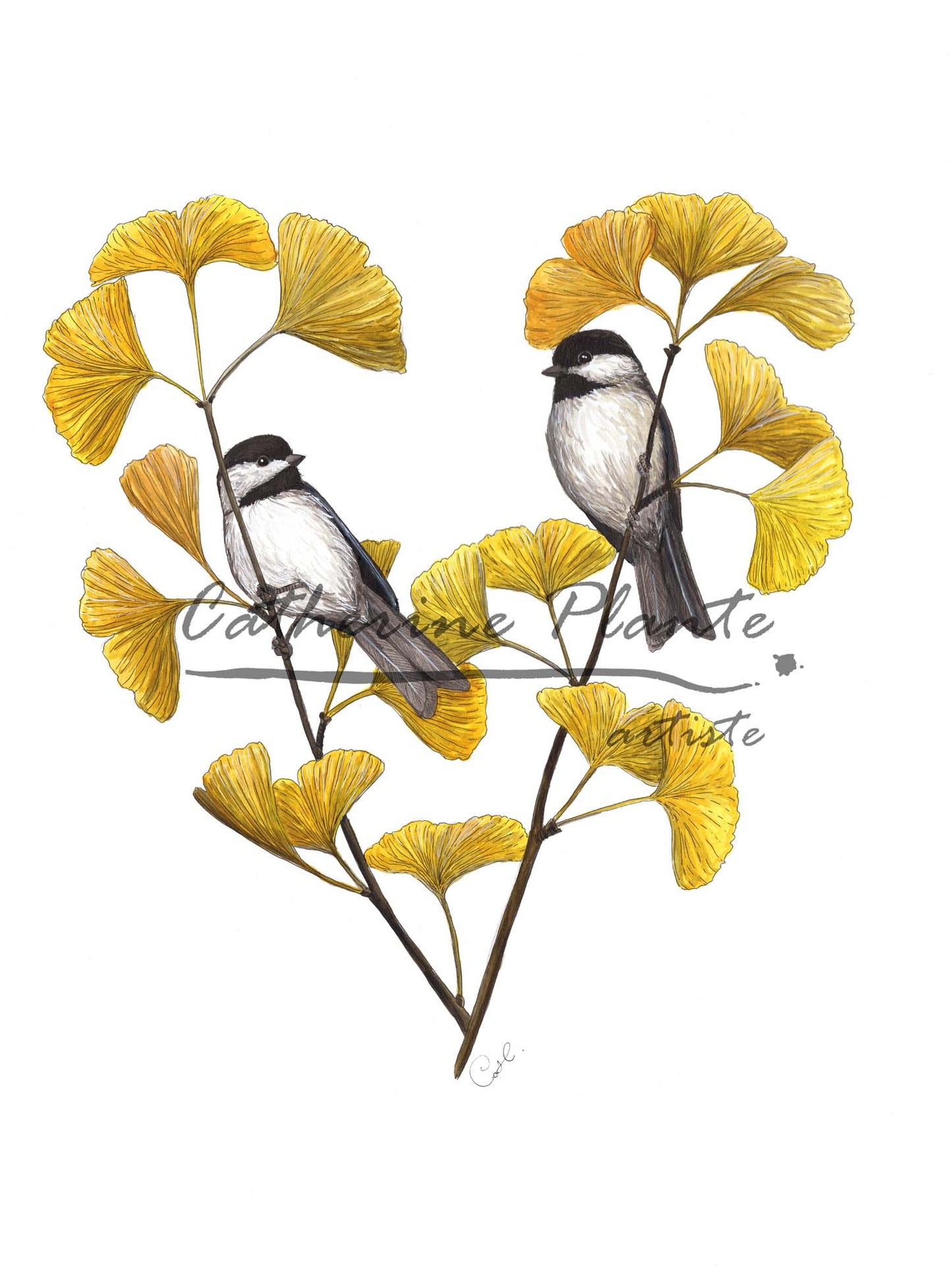 Grande impression d'art - Les mésanges et le ginkgo