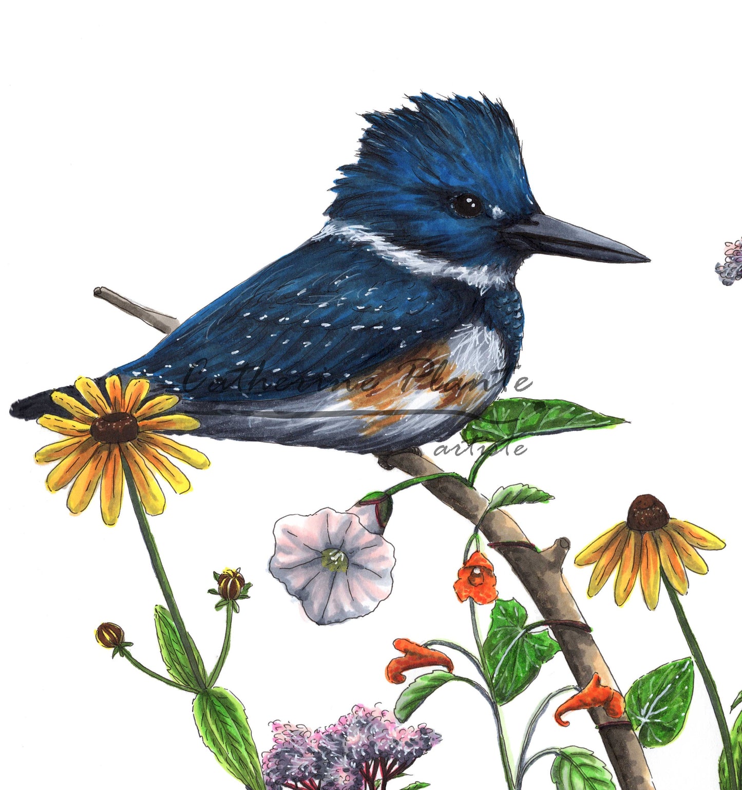 Large Art Print - Kingfisher and Shore Flowers