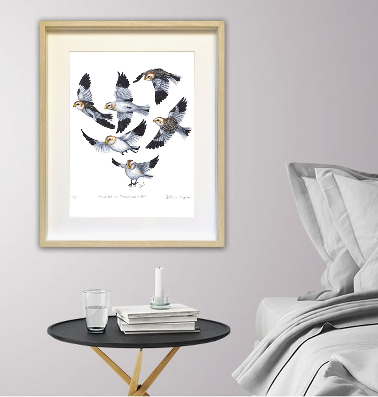 Large Art Print - Snow Buntings in Flight