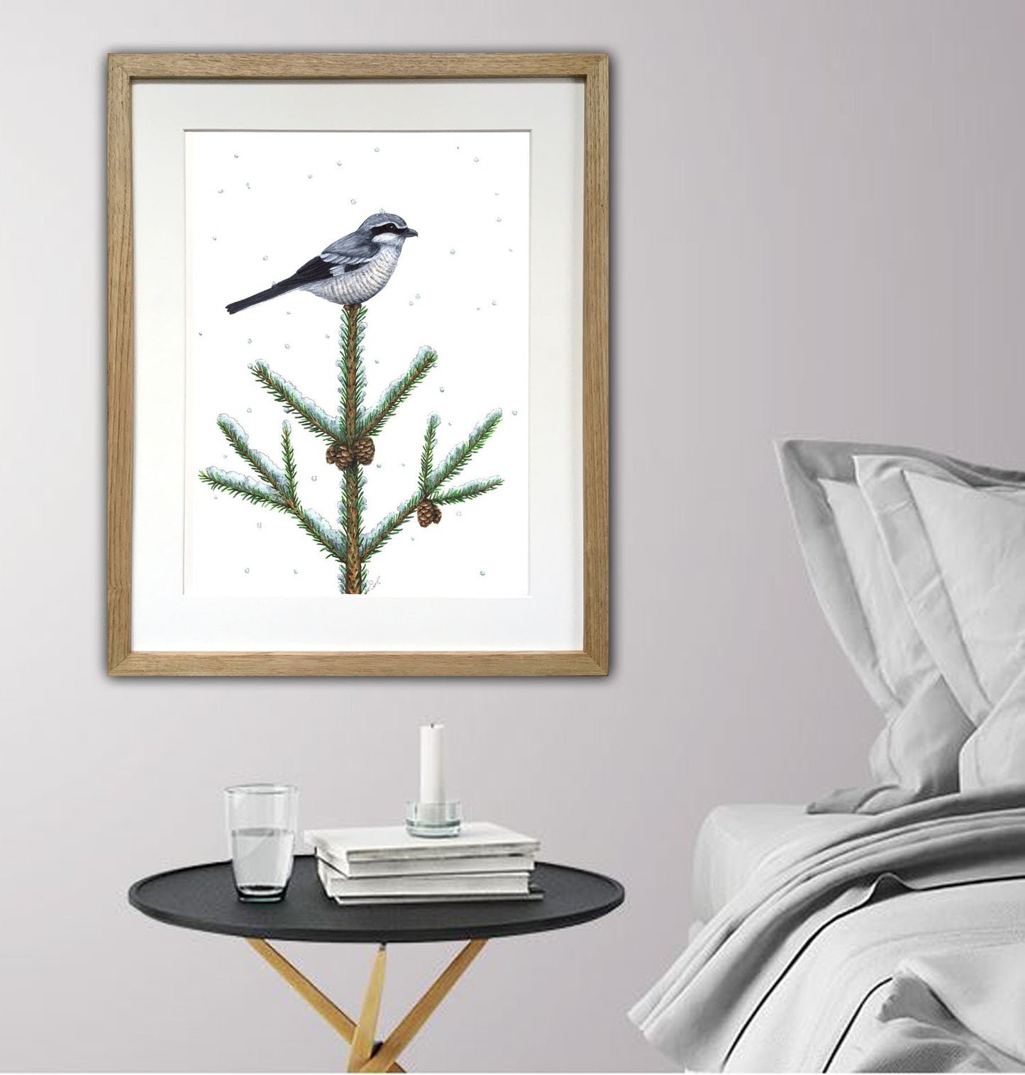 Grande illustration originale - Pie-grièche sous la neige