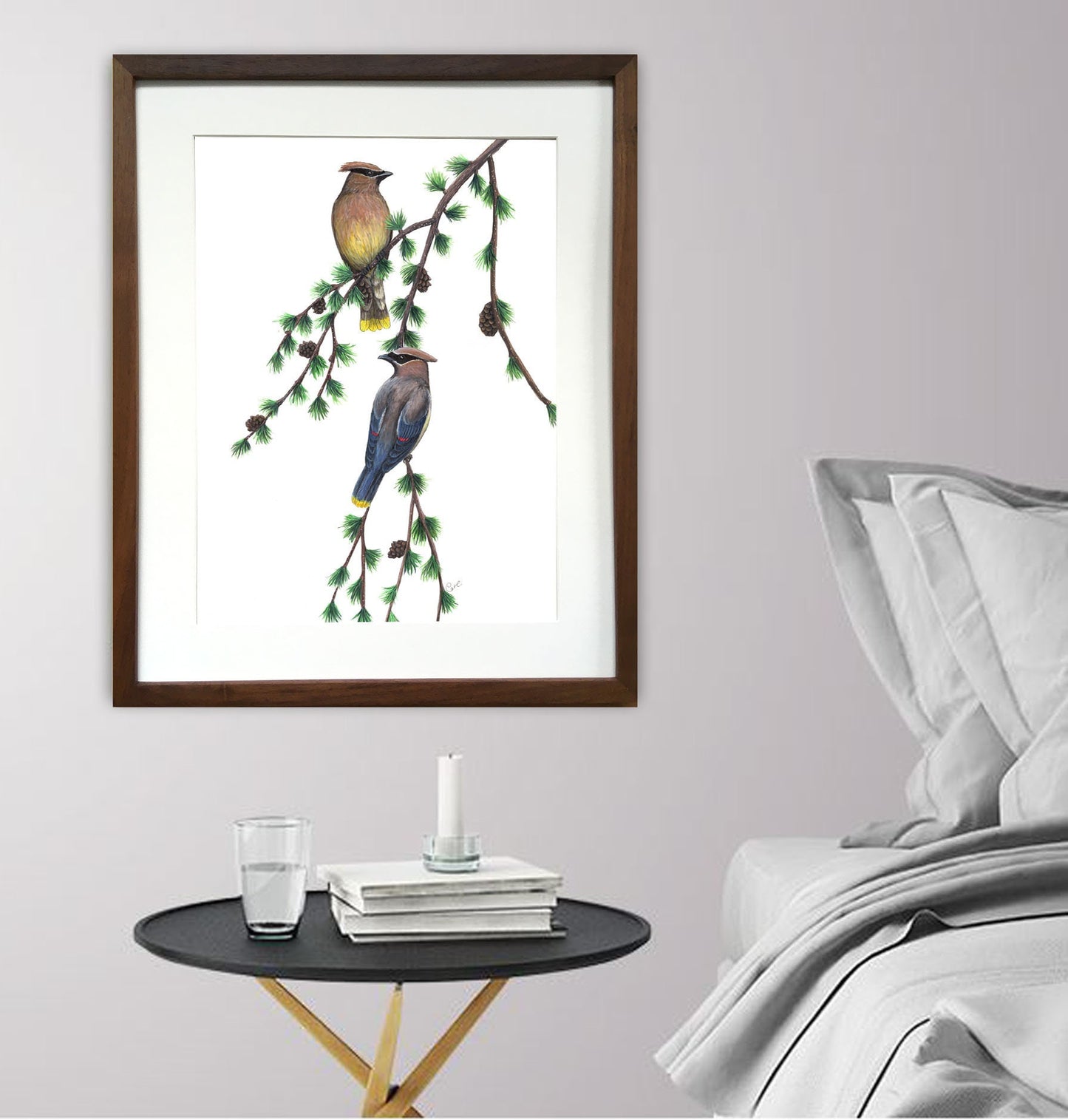 Large original illustration - Waxwings at the larch