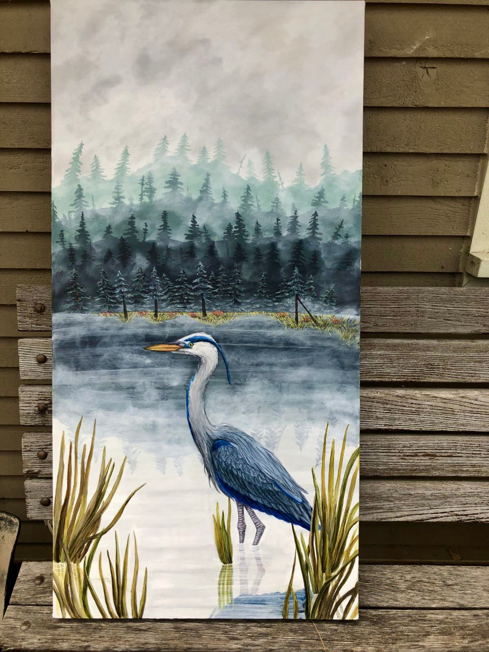 Peinture originale - Le héron du lac