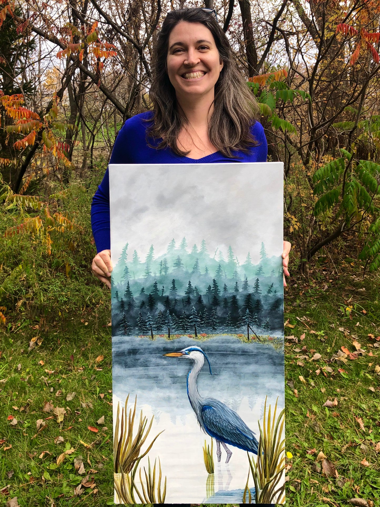 Peinture originale - Le héron du lac
