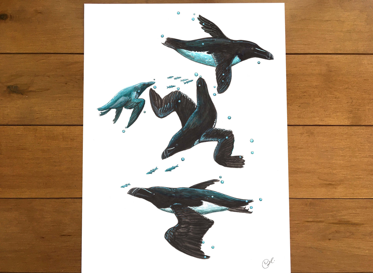 Grande illustration originale - Les Petits Pingouins sous-marins