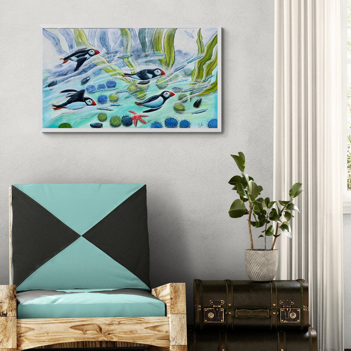 Peinture originale - Monde aquatique des macareux