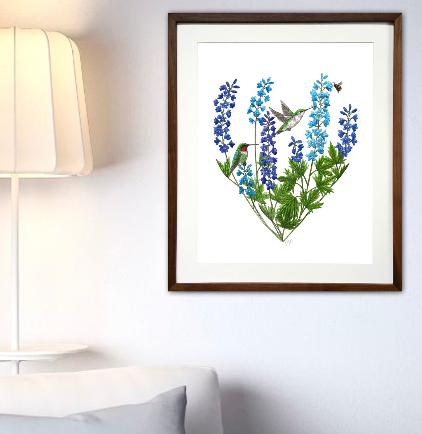 Colibris et delphiniums