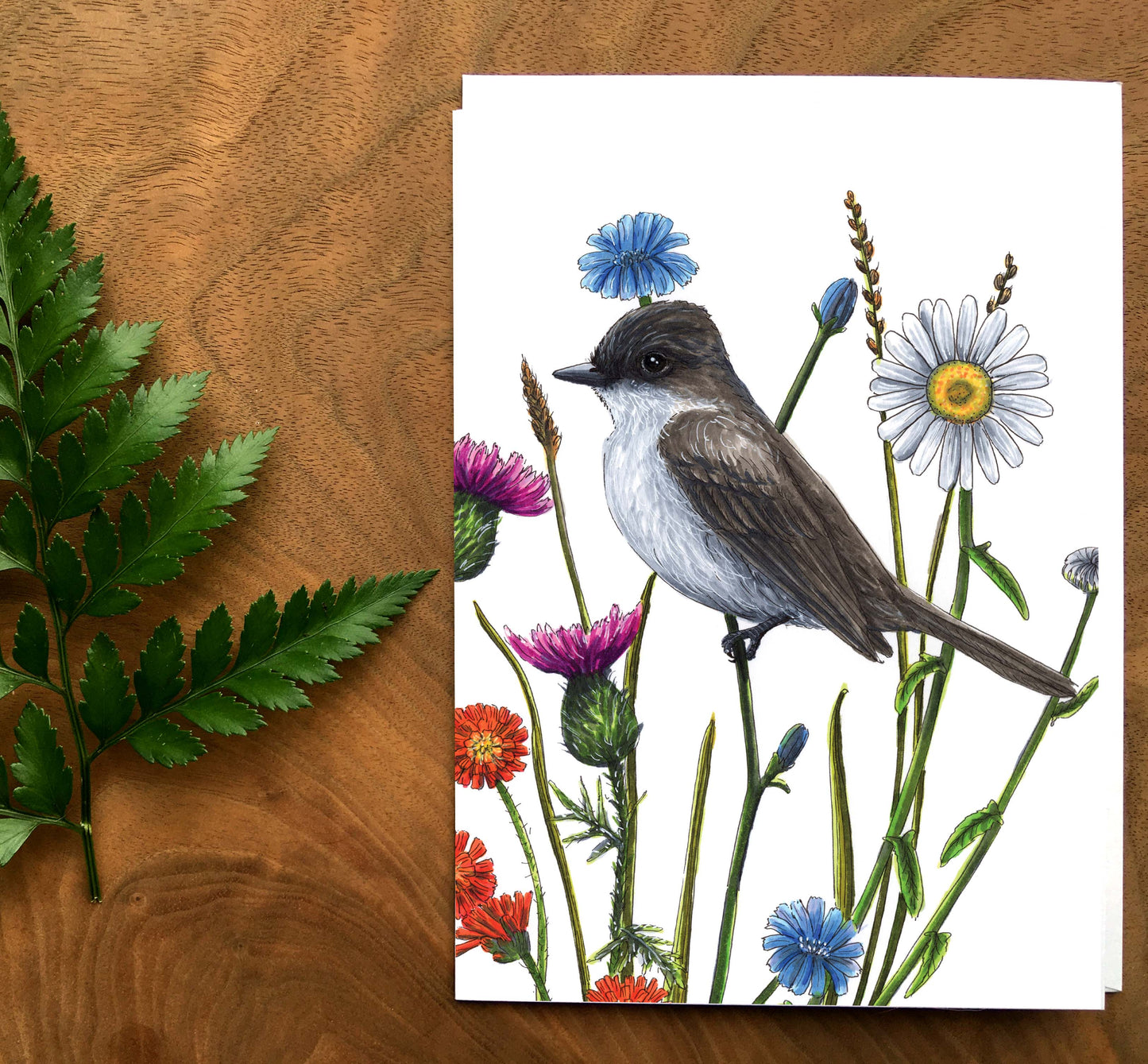 Card - Flycatcher and wildflowers