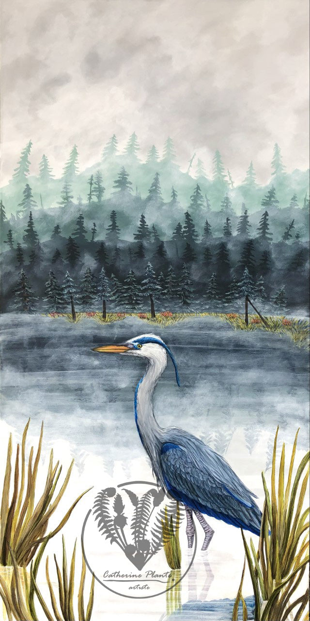Peinture originale - Le héron du lac